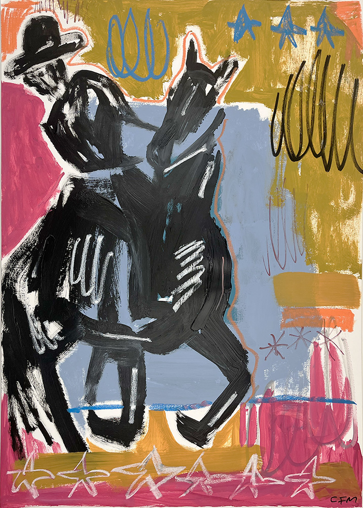 Abstract painting of a person wearing a hat on a horse, with many colourful scribbles and stars throughout the composition.