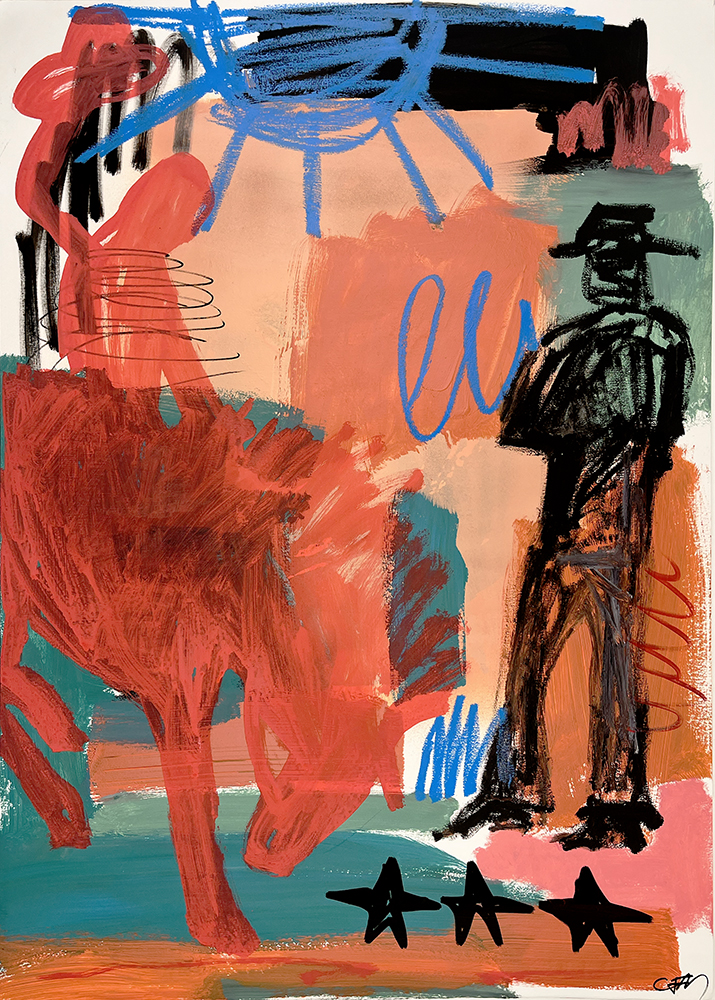 A black-outlined figure in a hat, red horse-like shape, blue scribbles, and three black stars on a multicoloured background.