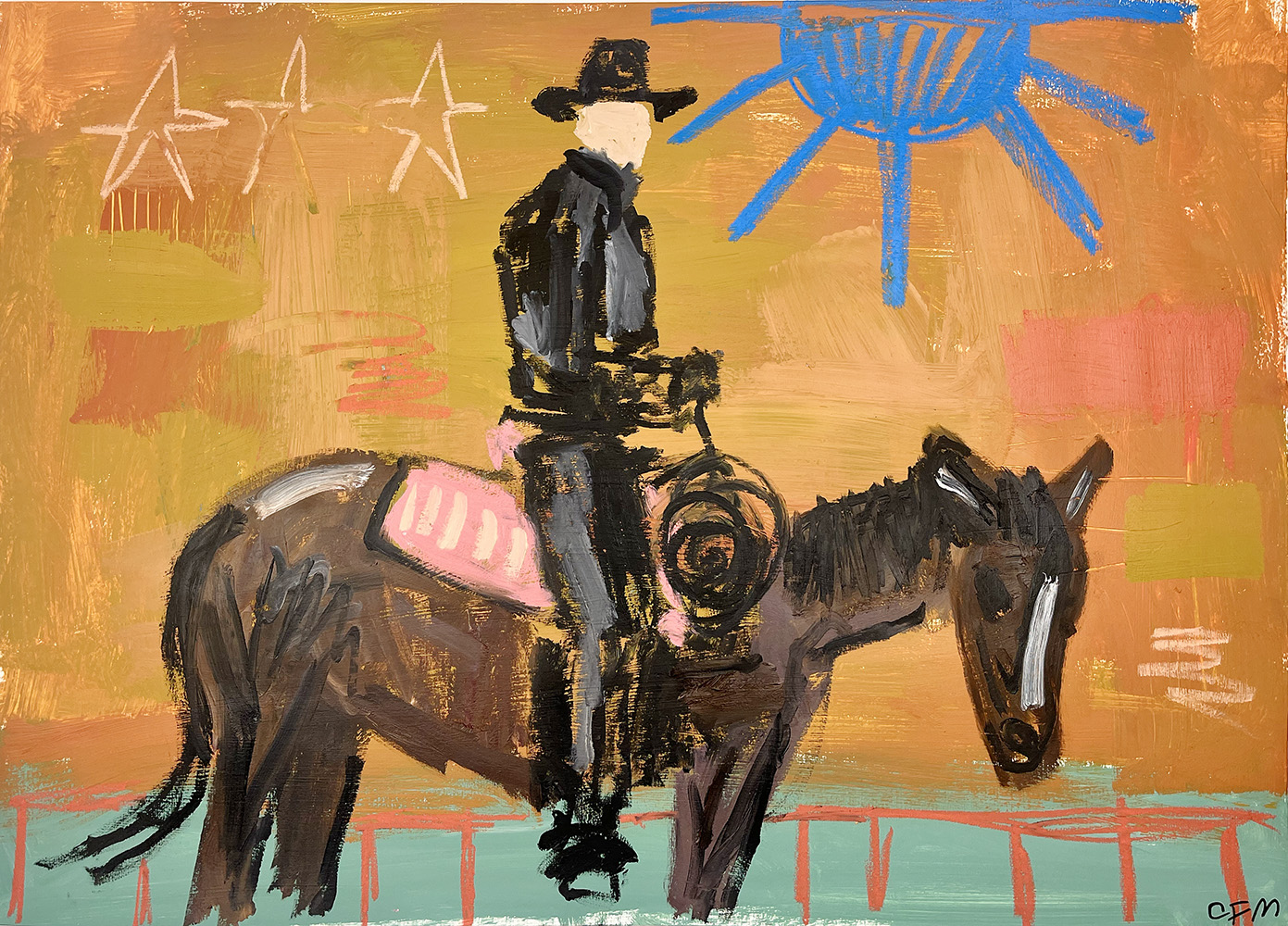 A person in black rides a brown horse beneath a blue sun and star-filled sky. Mixed media artwork titled “Til Sunset.”.