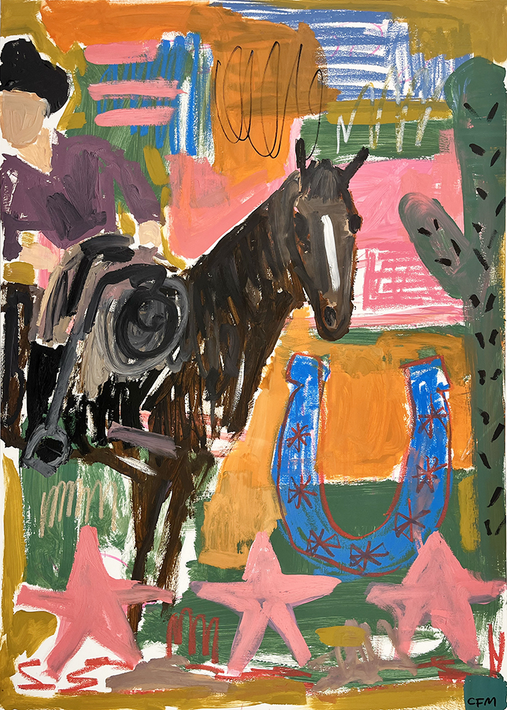 A person rides a horse next to a large horseshoe, stars, and cactus shapes in bold colours and mixed media brushstrokes.