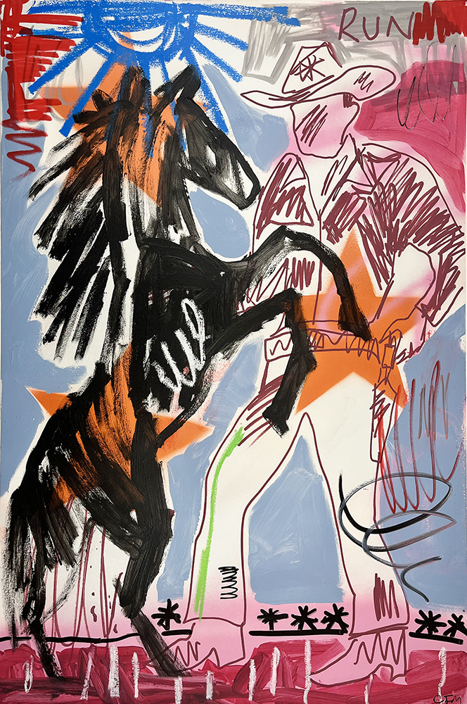 A cowboy holds a rearing black horse. The image uses bold lines, strong colours, and “RUN” is at the top right.