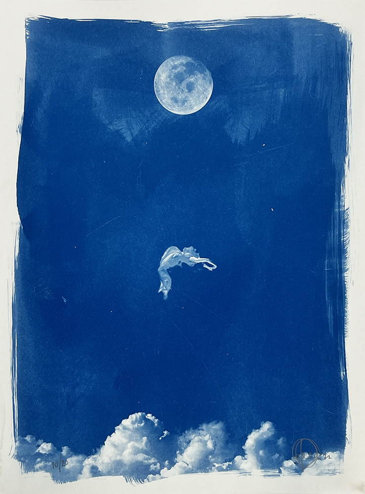 A person floats in a blue night sky under a full moon, with clouds clustered at the bottom.