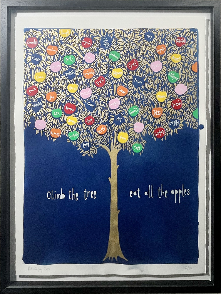 A cyanotype image shows a tree with coloured apples labelled with words. Text below the tree says: “climb the tree eat all the apples.”.