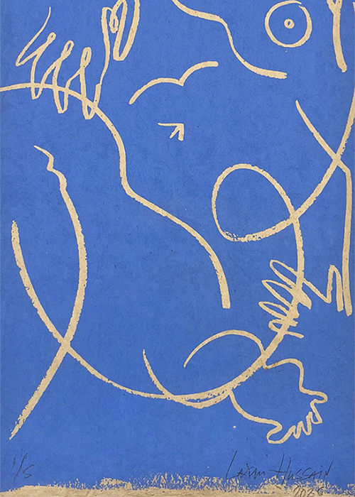 Beige abstract line drawing of loosely connected shapes on a blue background, resembling a human figure.