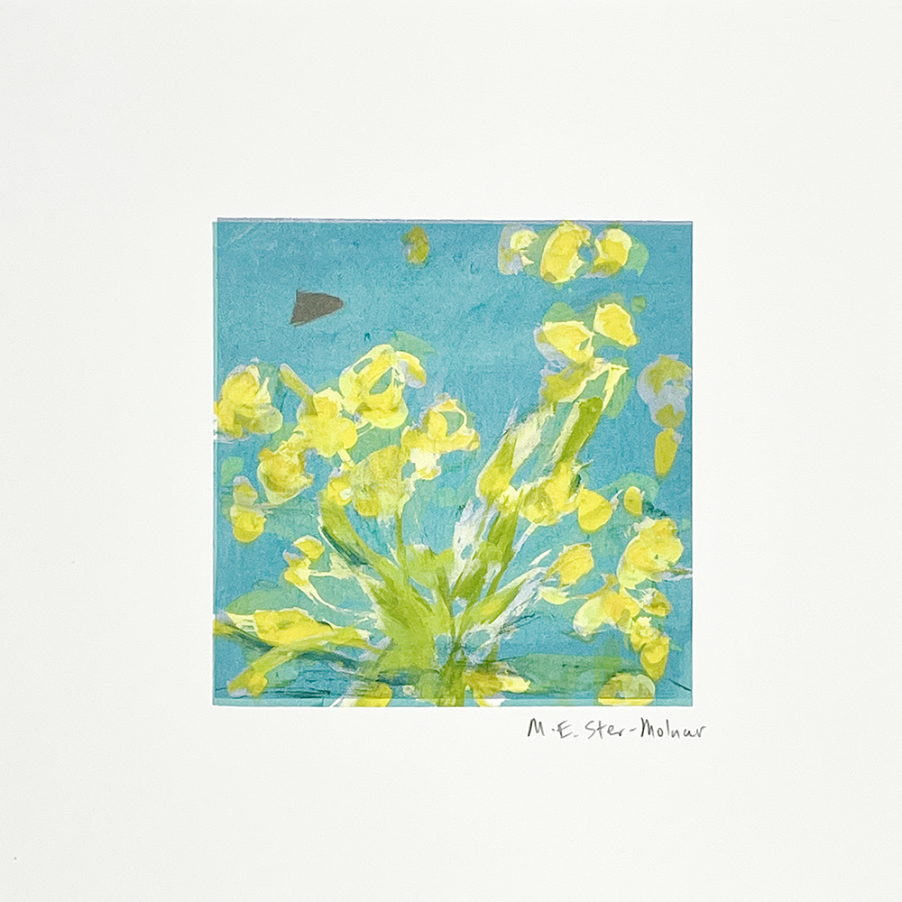 Abstract mini monoprint showing yellow flowers with green stems on a blue background, signed “M.E. Ster-Mohar” bottom right.