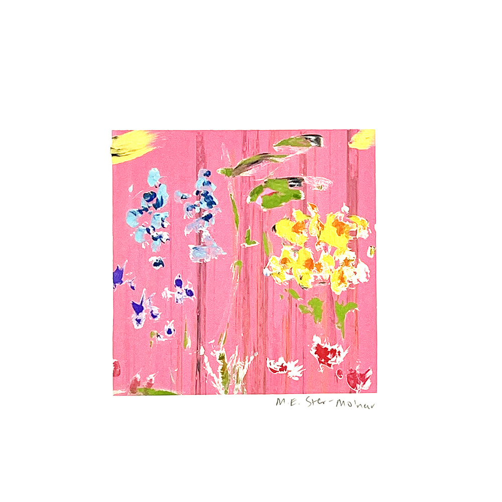 Abstract painting of flowers in blue, yellow, red, and green on a pink background with “M.E. Ster-Molnar” signed at bottom right.