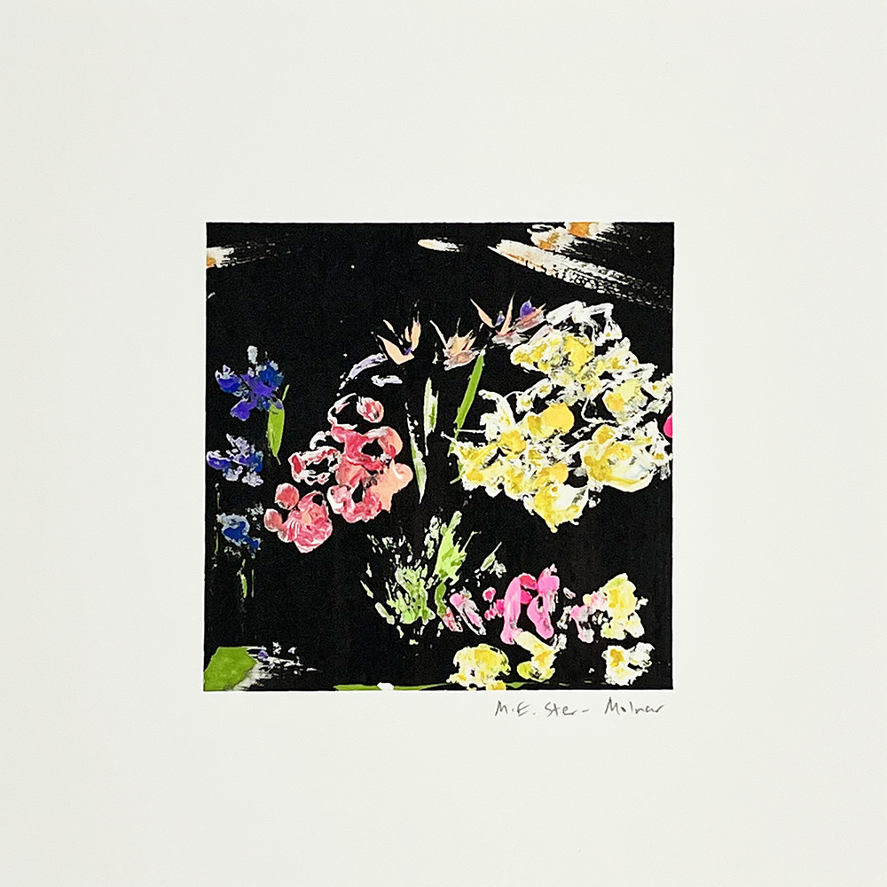 Monoprint with yellow, pink, blue, and white flowers on a black background; artist’s signature below the image.