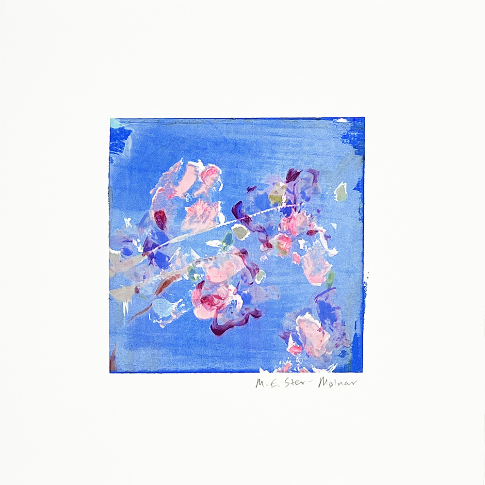 Abstract image shows flowering branches with pink and purple blossoms on a faded cobalt blue background, centred on white canvas.