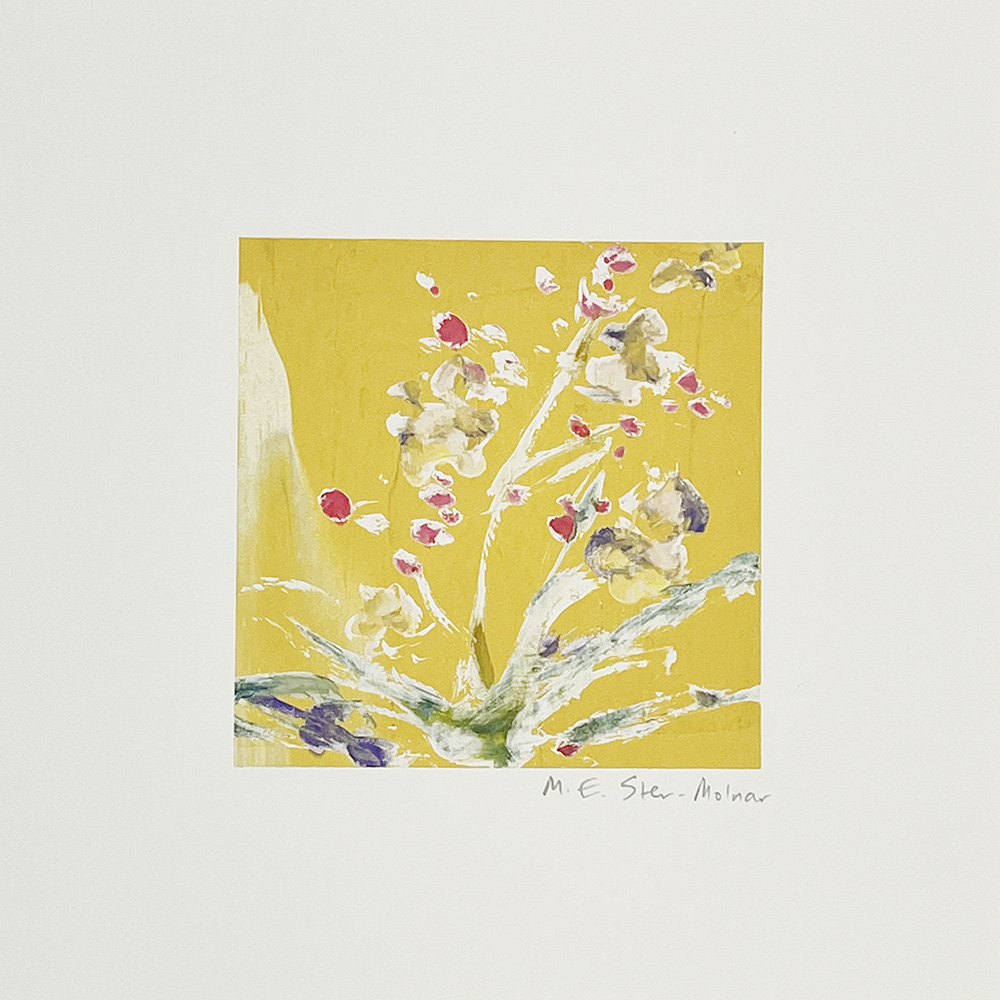 Abstract floral brushstrokes in pink, white, and green on a yellow background; artist’s signature below the artwork.
