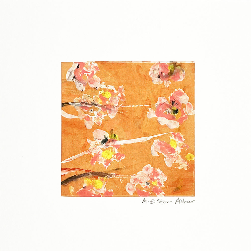 A square mini monoprint shows pink and yellow flowers with brown branches on an orange background, signed in the lower right-hand corner.
