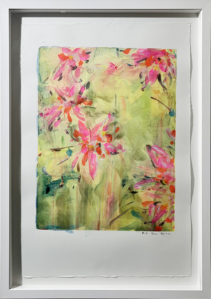 Framed monoprint titled “Super Bloom Flowers” showing abstract flowers and green leaves in loose, expressive brushstrokes.