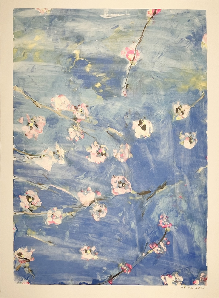 Monoprint shows pink and white cherry blossoms on thin branches with a blue background and small green and yellow areas.