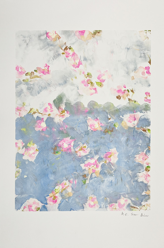 Watercolour painting of pink and white flowers with green leaves, set against a soft blue and white background.