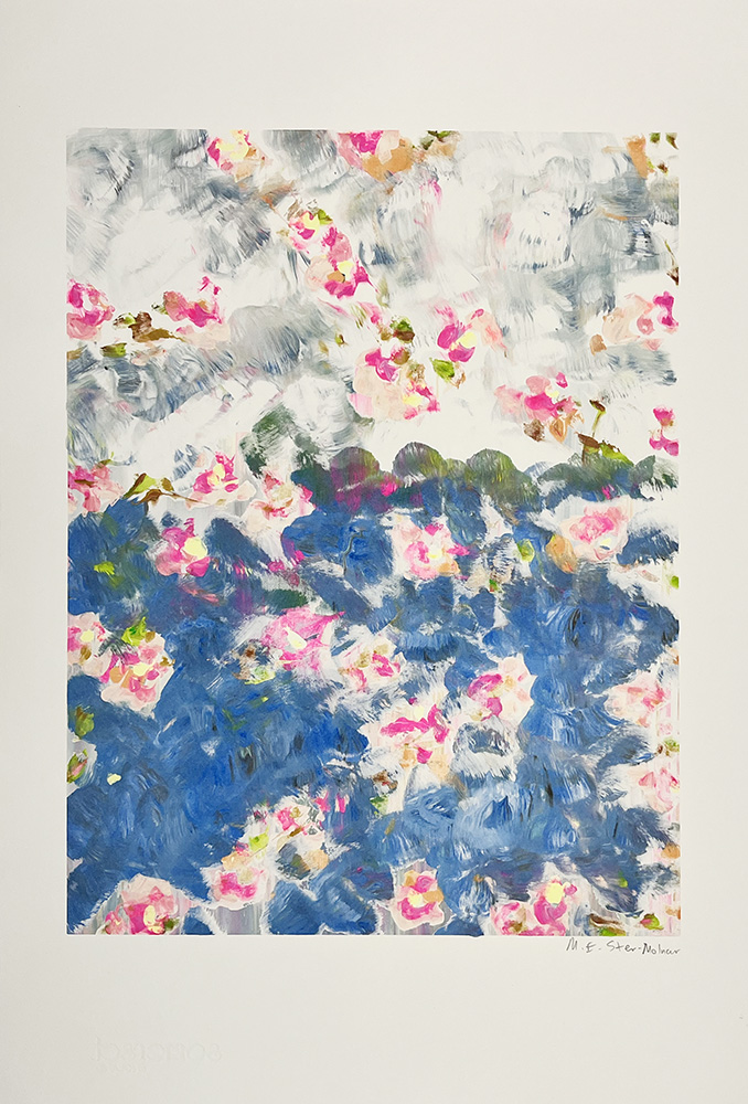 Abstract blue and white brushstrokes with pink and white floral patterns on a background resembling the sky.