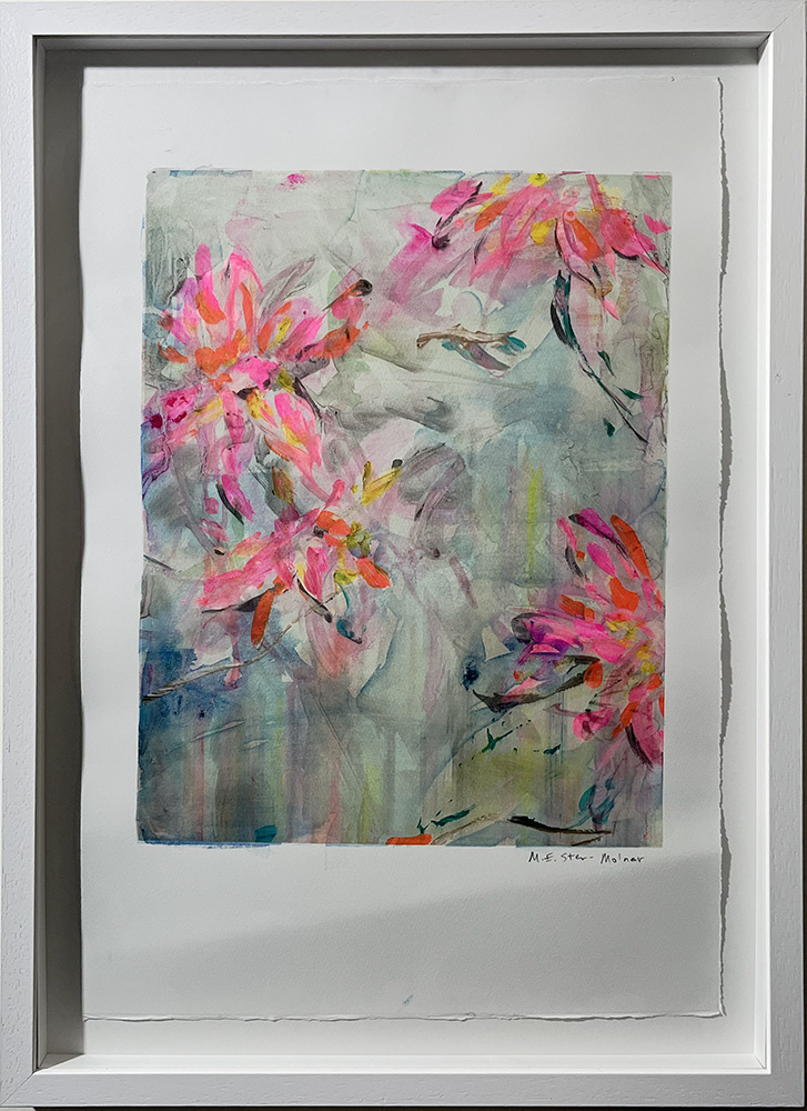 A framed artwork shows pink and orange flowers with green leaves on a jade background. The artist’s signature is in the lower right-hand corner.
