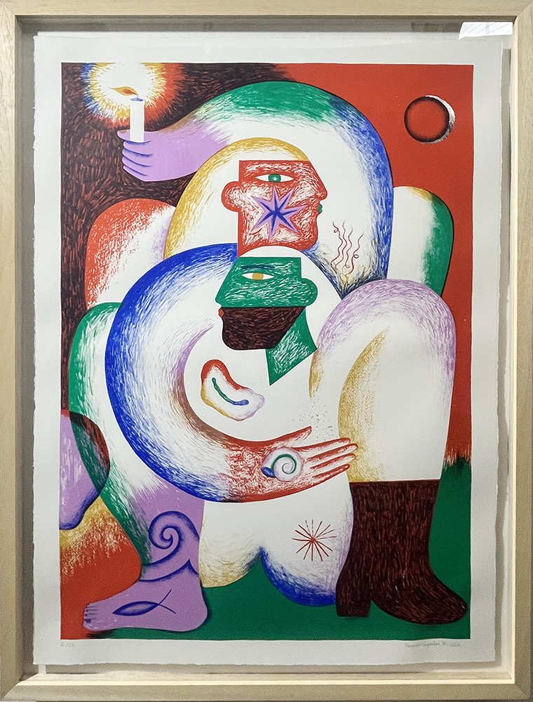 Two intertwined human figures, one holding a lit candle, shown on a red and white background with geometric patterns in a wooden frame.