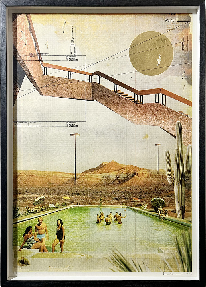 People swimming in a pool with a large cactus, desert mountains, an abstract staircase, and sun in the background.