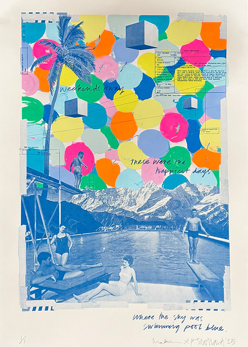 Collage showing swimmers by a pool, mountain background, colourful dots and cubes above, with overlaid handwritten text.