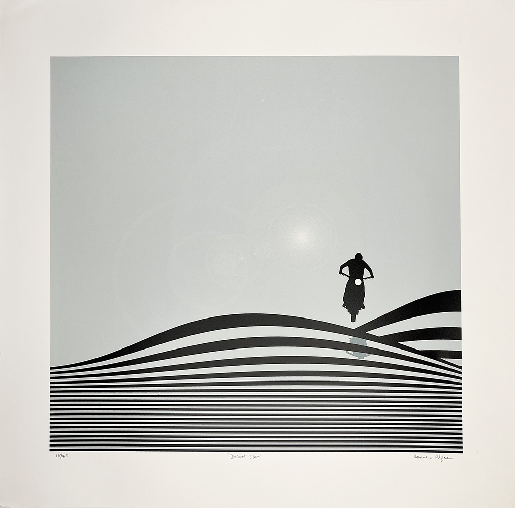 A black silhouette stands on a wavy, striped ground with a pale sky background in a simple screenprint design.