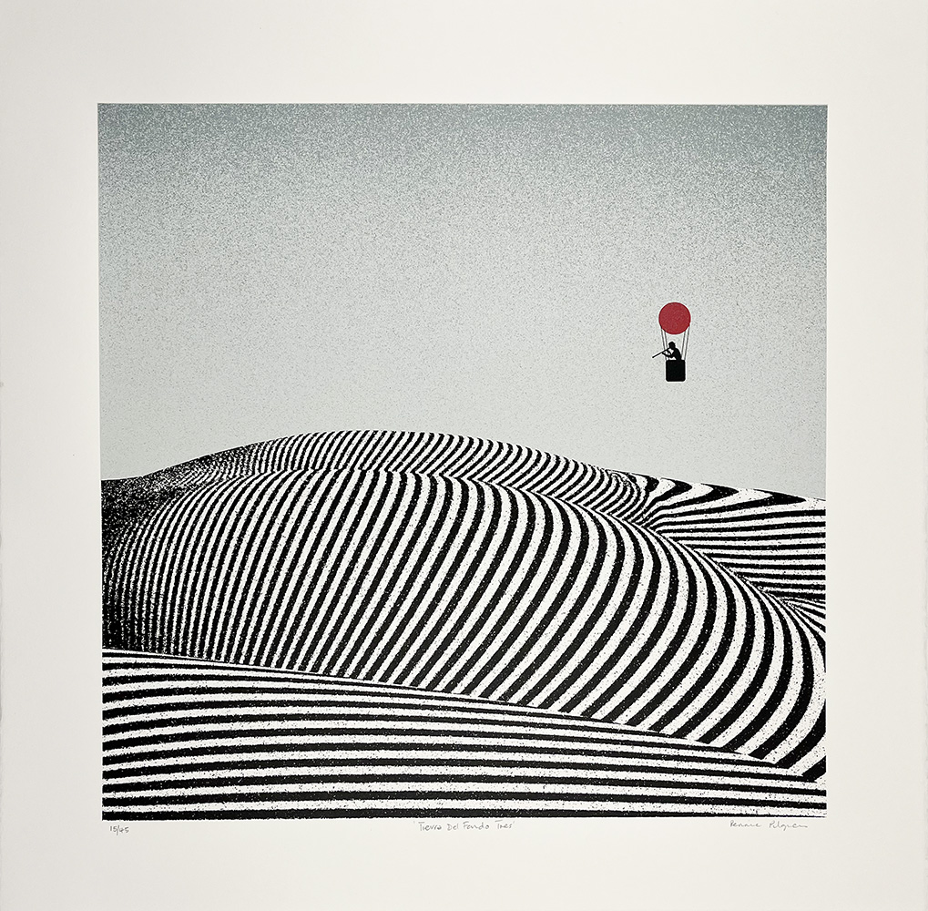 A scene shows striped, wavy hills and a person floating above them holding a red balloon in front of a pale sky.