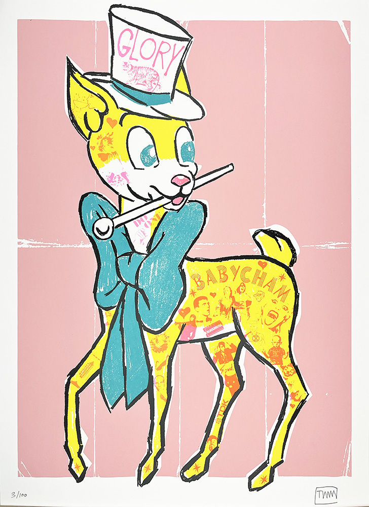 Screen print of a yellow fawn with pink markings, blue bow, white top hat labelled “GLORY,” on pink background. “BABYCHAM” on side.