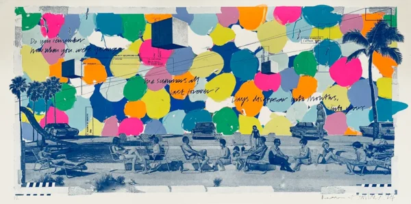 A vintage beach scene shows people lounging with palm trees, cars, and telegraph poles behind, overlaid by colourful shapes and handwritten text.