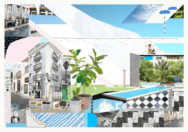 Collage showing geometric shapes, buildings, plants, tiled surfaces, outdoor areas, ice cream images, and summer-themed art.