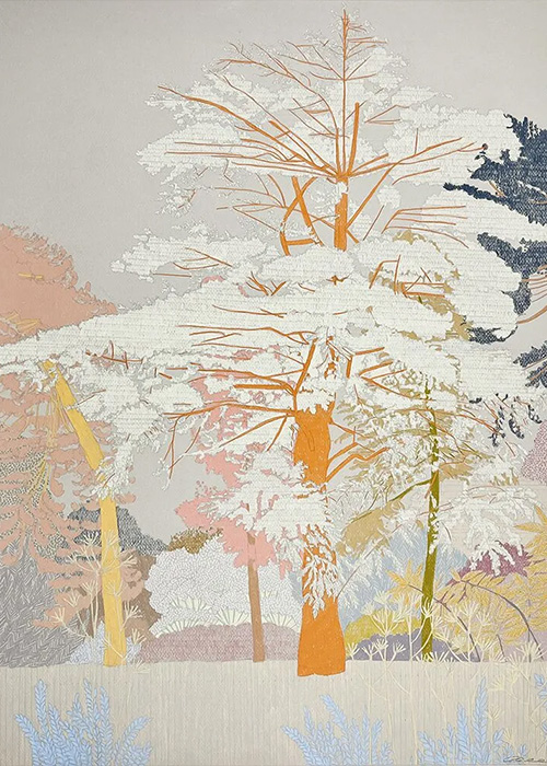Illustration of trees in orange, white, and pastel tones with detailed lines on a soft textured background.