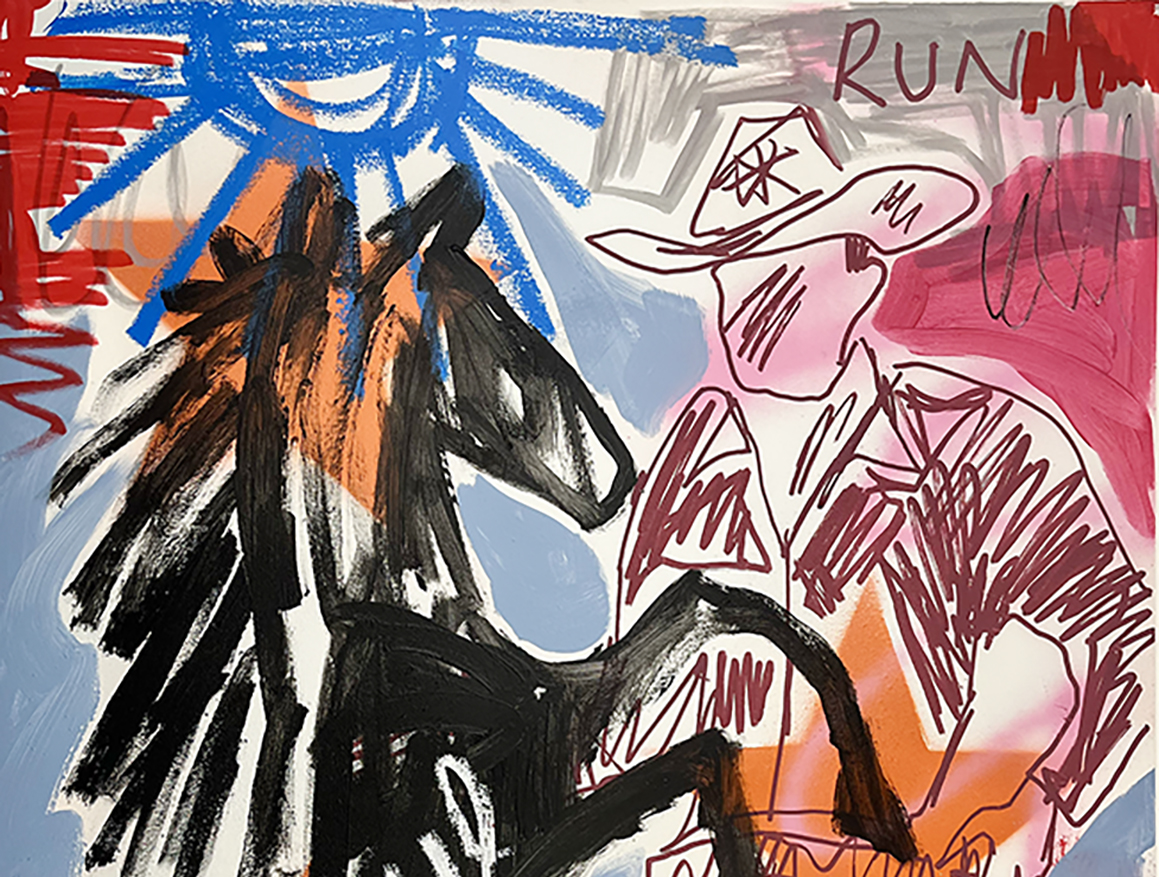 Limited edition art of a cowboy and horse in black, red, and blue ink, with “RUN” written at the top.