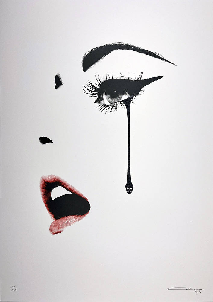 Black and white illustration of a woman’s face featuring red lips and a skull-shaped black teardrop.