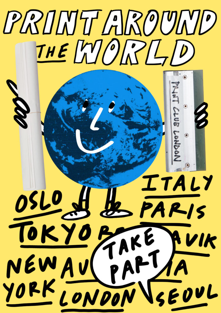 A yellow poster with a smiling blue globe holding a paper roll and squeegee, surrounded by text for a global print event.