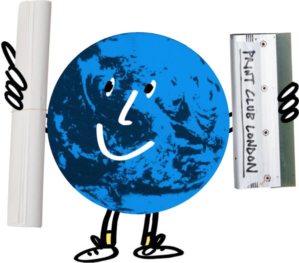A blue Earth-shaped cartoon character holds a white paper scroll and a screen printing squeegee.