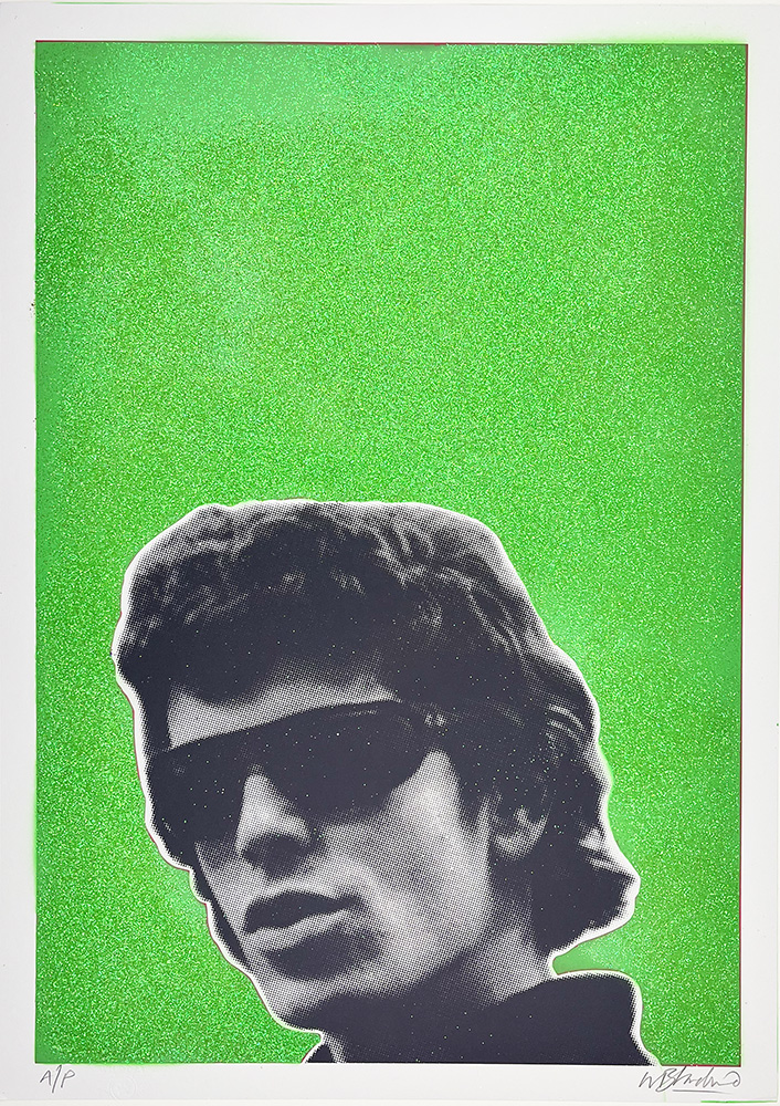 Lou Reed, wearing sunglasses, in a black-and-white photo on a textured green background with yellow glitter accents.