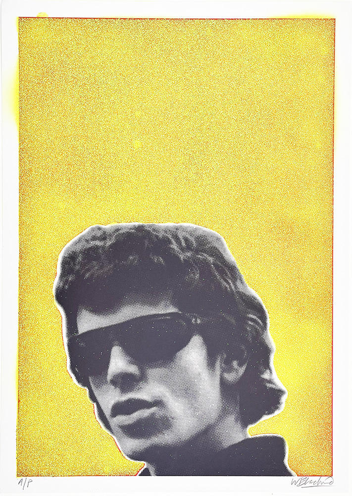 Black-and-white cut-out of Lou Reed in sunglasses at the bottom, set against a yellow, textured screenprint background.